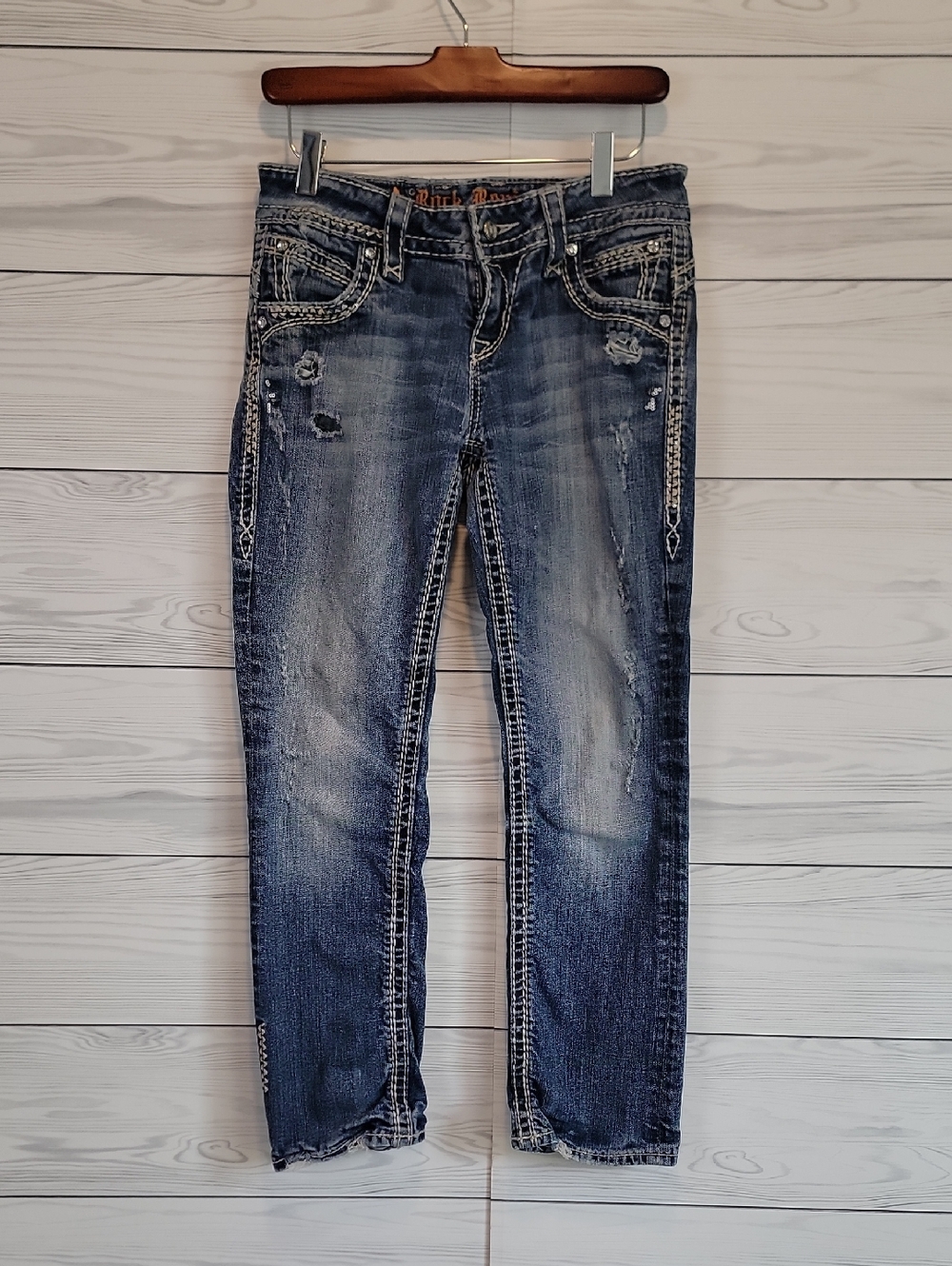 Rock Revival Becky Easy Capris Jeans Distressed Blue Denim Womens Size 27